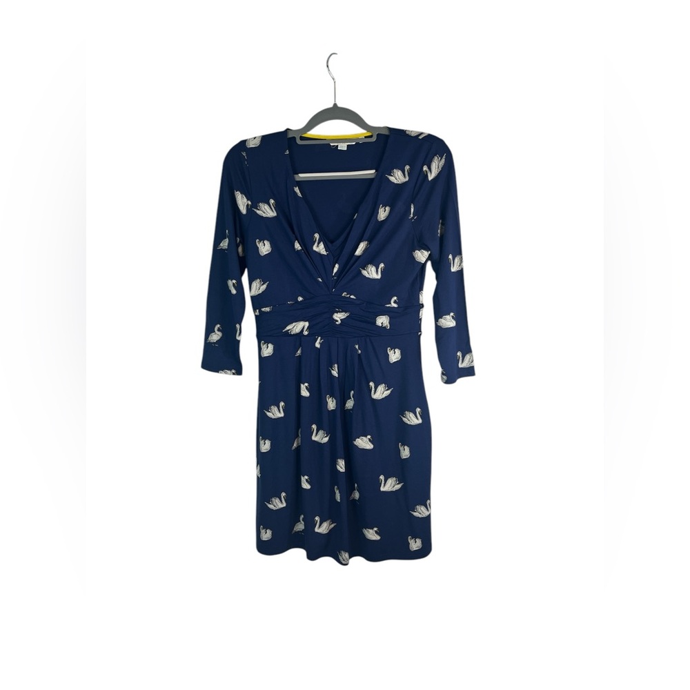 Boden Marion jersey knit navy blue swan print 3/4 sleeve dress size us 6